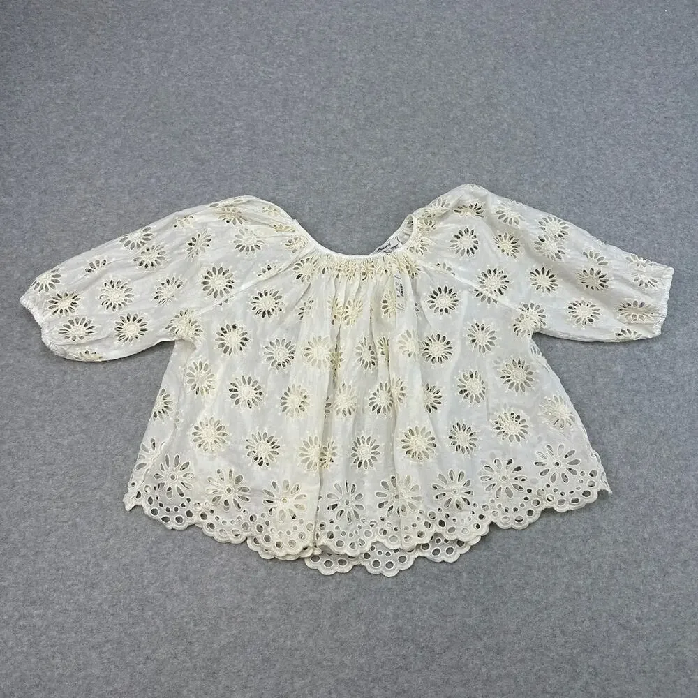 Madewell Embroidered Shirred Puff-Sleeve Top WMNS XS Cream Floral Eyelet Swingy
